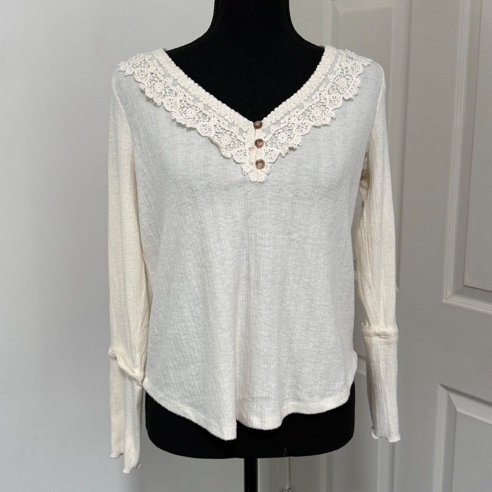 Boho Cottagecore Lace Trim Top Womens Cream Rib Knit Romantic Fairy Grunge